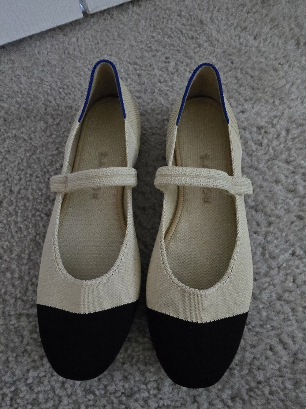 Rothy's Cream and Black Mary Jane Flats with Blue Heel Trim